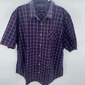 True Religion Men Button Up Shirt 3XL Blue Check Slim Fit Pocket Short Sleeve